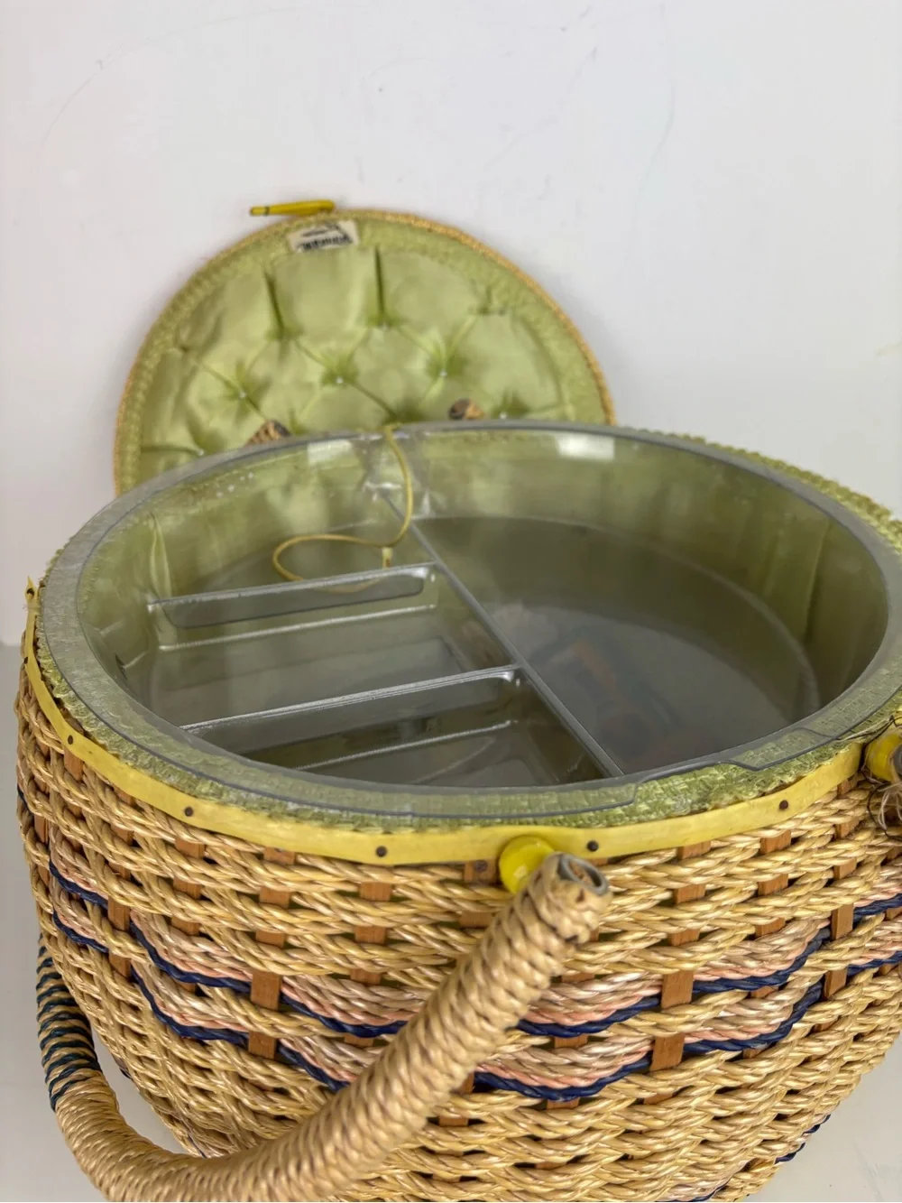 Vintage Sewing Basket-Round w/ Embroidered Floral Lid-Granny Chic
